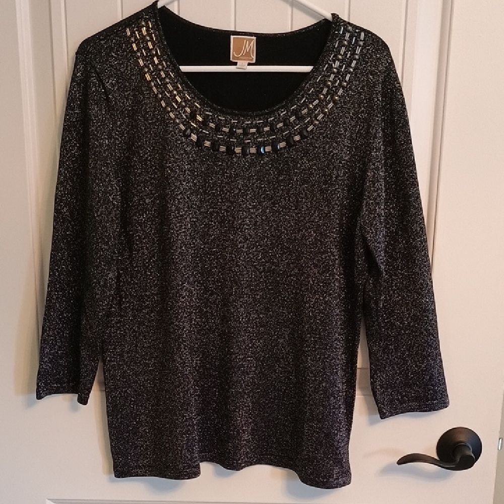 Woman's JM Collection Black Sparkle Top, 3/4 Sleeves, Size Large